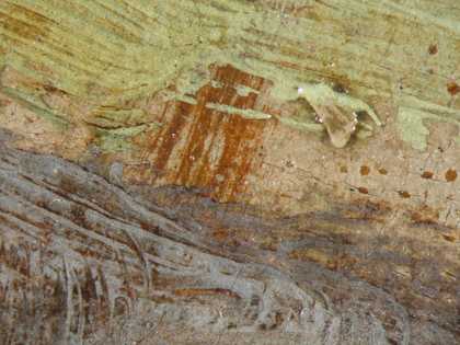 Fig.26 Detail at x8 magnification of the green and lilac brushwork of the older sitter’s drapery, showing the pinkish beige priming left visible, together with the thin, reddish brown lay-in of the initial design