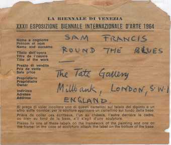 Fig.26 Shipping label for the 1964 Venice Biennale that was found attached to the stretcher of Around the Blues