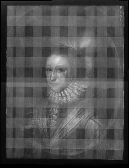 Fig.2 X-radiograph of the whole painting. The rectilinear lattice is the image of the cradle.