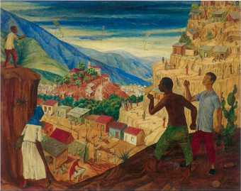 Landscape painting with men in the foreground flying green kites on hilltops overlooking slum areas on the edges of Caracas