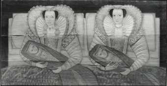 Fig.2 Front of The Cholmondeley Ladies photographed in black and white with raking light from the top to show the arrangement and warping of the boards