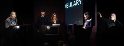Image combining photographs of each speaker delivering their presentation onstage; each speaks from behind a lectern in the darkened cinema space at Tate Modern