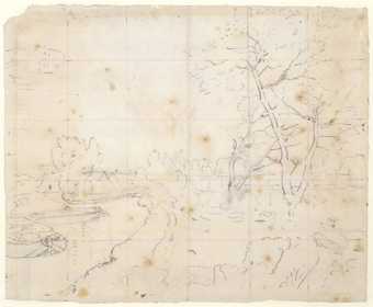 A faint sketch of a country scene with large trees on the right, a river on the left and buildings in the background