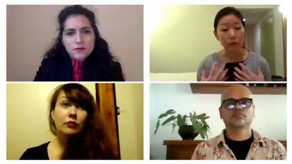 Computer screenshot of four speakers on an online conference call