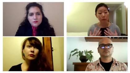 Computer screenshot of four speakers on an online conference call