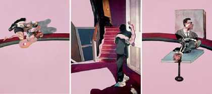 Three paintings of the same dimensions positioned in a row, each featuring a semi-abstract figure wearing a suit and tie in a distorted domestic setting.