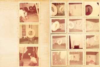 Yellowed pages from a photograph album, with 15 square photographs, faded with age