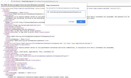 Screenshot of the page for the Infrequency Podcasts series, now showing multiple lines of text code and an error message