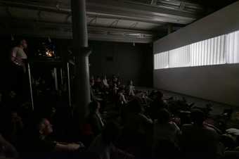 Fig.2 Tony Conrad Ten Years Alive on the Infinite Plain 1972, performance at LightNight, Tate Liverpool, 17 May 2019 Performance, musical instruments and film, 16 mm, 4 projections, black and white, and sound (stereo) Duration: 90 min Photo: Mark McNulty