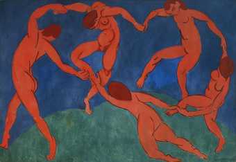 Five naked figures dance in a circle while holding hands