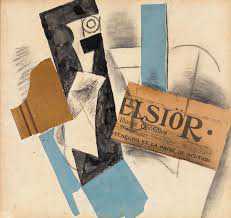 Pieces of blue paper and scraps of newspaper arranged in a composition, with ink and pencil markings drawn around and over them