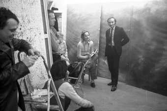 Fig.2 Günther Uecker (left) and Richard Demarco (standing, centre right) at a meeting in the studio of Gerhard Richter in Düsseldorf on 29 January 1970, during preparations for the exhibition Strategy: Get Arts at the Edinburgh College of Art