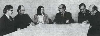 Fig.2 Left to right: Michael Compton, Richard Morphet, Anne Seymour, Sir Norman Reid, Ronald Alley and Martin Butlin Reproduced in Studio International, vol.185, no.954, April 1973, p. 181