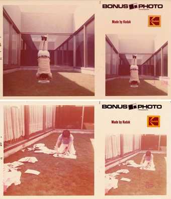 Two pairs of duplicated photos printed with the Kodak logo, faded with age. In the first Roberto Chabet does a headstand; in the second he is shown ripping pages from a book