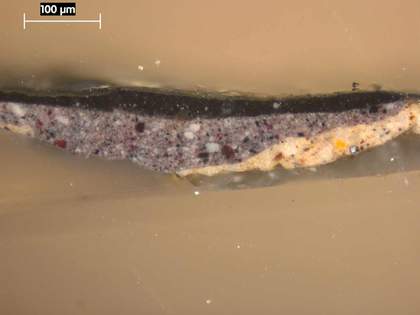 Fig.3 Cross-section of paint and ground from the first black fold on the foreground sleeve, photographed at x225 magnification.