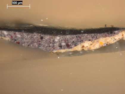 Fig.3 Cross-section of paint and ground from the first black fold on the foreground sleeve, photographed at x225 magnification.