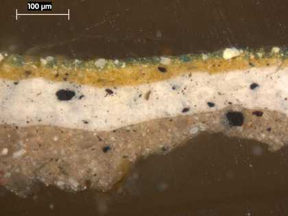 Fig.3 Cross-section through a melon, photographed at x225 magnification, showing (from bottom to top): mushroom coloured ground; grey priming; yellow of melon skin; green stripe on skin