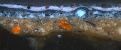 Fig.3 Cross-section through the pink strap of the left shoe, photographed at x360 magnification.
