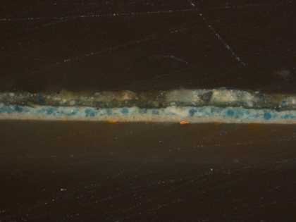 Fig.3 Cross-section from the dark green foliage at the right edge. From the bottom: very thin reddish brown layer; white ground; blue sky; dark green foliage; detailing on foliage