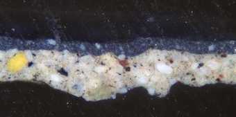 Fig.3 Cross-section from blue drapery, showing from bottom: buff coloured ground; blue paint