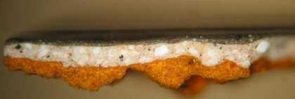 Fig.3 Cross-section through the background, photographed at x250 magnification. From top to bottom it shows: opaque orange ground; opaque beige ground; opaque brownish grey paint; darker greenish paint