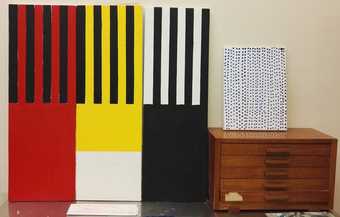 The finished mock-up panels for conserving Whaam!, including (on the right) blue oil paint applied through a stencil to recreate Ben-Day dots Photo © Tate