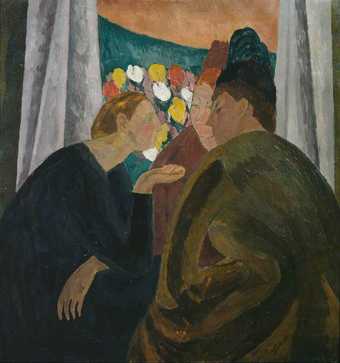 Three figures talk in front of a curtained window, with colourful flowers and a green backdrop visible beyond them