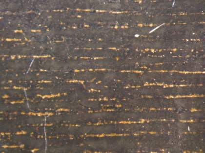 Fig.3 Detail under magnification of the sitter’s black robe, showing the horizontal ridges in the ground showing through the black paint on top of them
