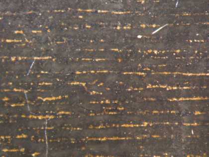 Fig.3 Detail under magnification of the sitter’s black robe, showing the horizontal ridges in the ground showing through the black paint on top of them