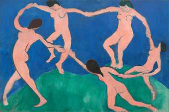 Five naked figures dance in a circle while holding hands