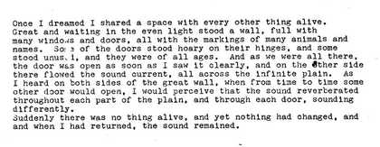 A typed excerpt from a 1972 poem by Tony Conrad that was used for the press announcement for the performance of Ten Years Alive at The Kitchen, New York, 1972
