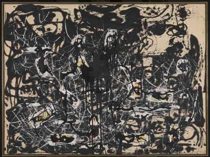 A large oil painting on a rectangular, horizontally oriented canvas. The abstract patterns within the composition were achieved by pouring the paint in layers onto an unprimed beige canvas, the surface of which remains partially visible in places.