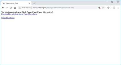 The webpage for Qubo Gas’s Watercouleur Park 2007, showing a blank page and an error message instructing the user to update their Flash Player
