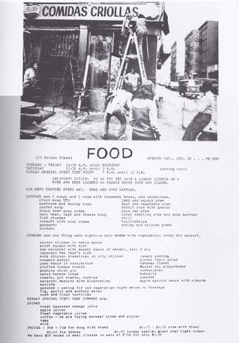 Poster and menu for Food, 1971, featuring a photograph of the renovations by Richard Landry