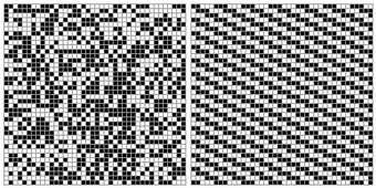 Visualisations of the first 1600 decimal digits of pi (left) and of 22/7 (right)