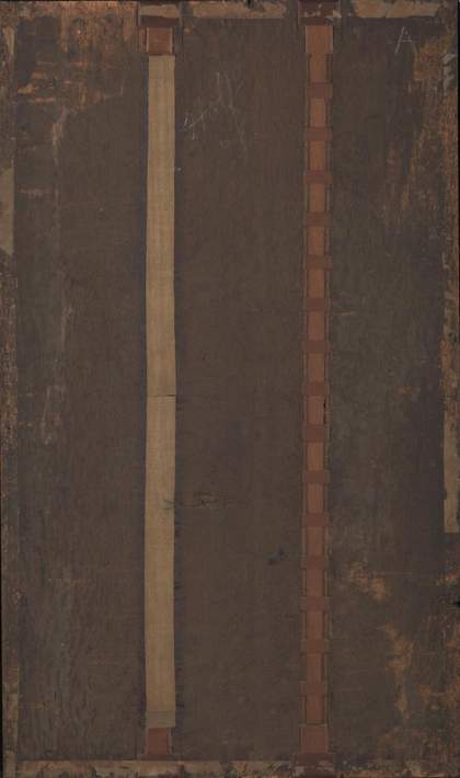 Fig.4 The back of the panel, photographed in black-and-white. It shows later reinforcement of the joins with fabric, inset wooden strips and wooden buttons. The incised mark is near the lower left corner