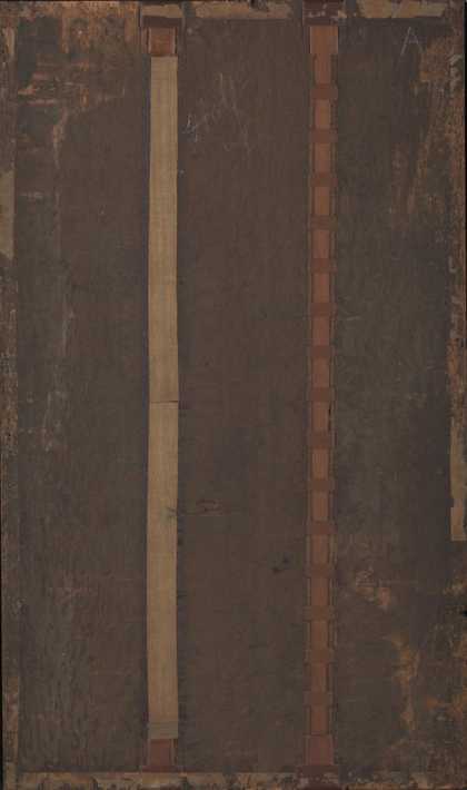 Fig.4 The back of the panel, photographed in black-and-white. It shows later reinforcement of the joins with fabric, inset wooden strips and wooden buttons. The incised mark is near the lower left corner
