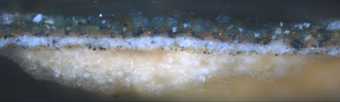  Fig.4 Cross-section through foliage at the bottom edge, photographed at x320 magnification. From the bottom up: white ground; black particles, perhaps a dark wash of paint; brownish grey priming; green paint
