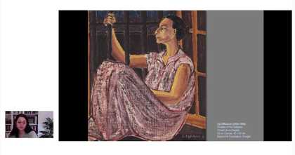 Screenshot of an online presentation, with the presenter bottom left, and a slide of an image of a figure in a pink dress, sitting at a window, right hand gripping the bars covering the window
