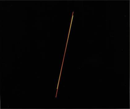 A black canvas with a two thin lines overlapping in the centre, one green and one red