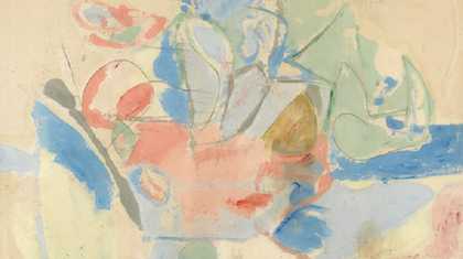Abstract painting combining expanses of thinned, pastel colour that both fill in and exceed the boundaries of drawn shapes.