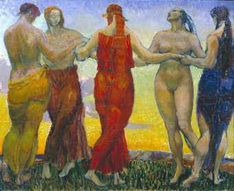 Two clothed figures, two half-clothed figures and one naked figure stand in a circle holding hands, with grass beneath their feet and a sunny sky behind them