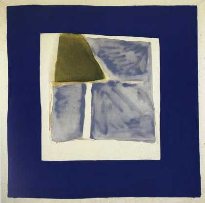 Fig.4 Hours 1963 by James Bishop, an abstract painting in dark blue, green and bare canvas and