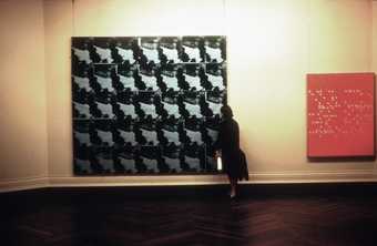 Photograph of Jackie by Andy Warhol hanging on a gallery wall with a single figure viewing the work, which features a 7 by 5 grid of a repeated image of Jackie Kennedy