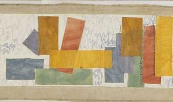 A section of a collage showing coloured rectangles arranged vertically, horizontally and diagonally