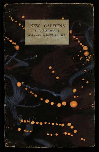 A book cover featuring an abstract pattern of blue and red swirls and sweeping trails of orange dots