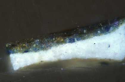 Fig.5 Cross-section through foliage, showing wet-in-wet application of the green tones. From the bottom: white priming; shades of green brushed into each other while wet
