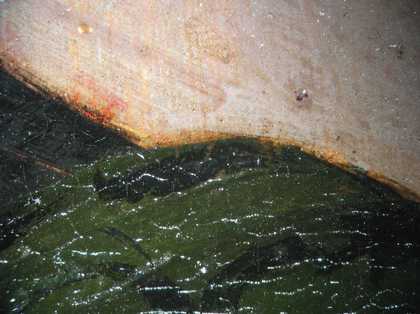Fig.5 Detail at x8 magnification of the drapery on the sitter’s left shoulder as it meets the background