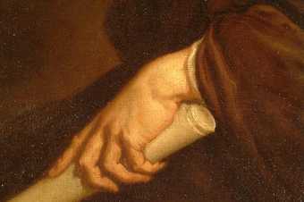 Fig.5 Detail of hand and scroll, showing brown underpaint left visible as the shadows and outlines
