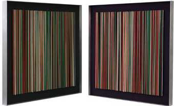 Two black panels face each other like pages of a book, each framing a square of thin vertical stripes